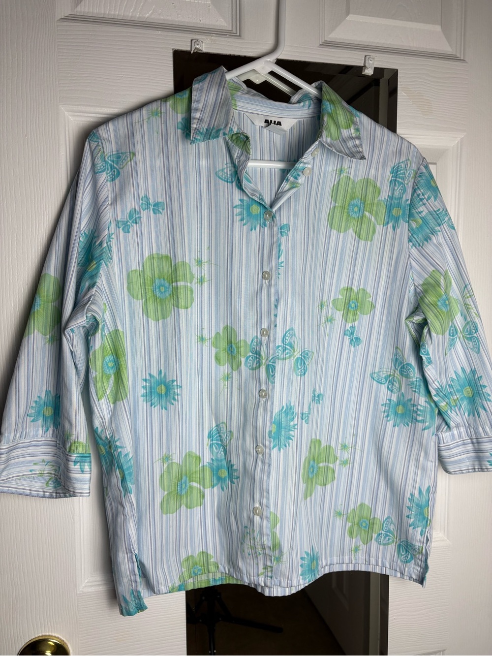 Women’s ALIA Petites Blue Green & White Striped Floral Button Down Shirt Size 12